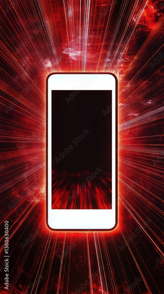 Poster smartphone with digital red lines highlighting the shape and screen of the device. dark screen.
