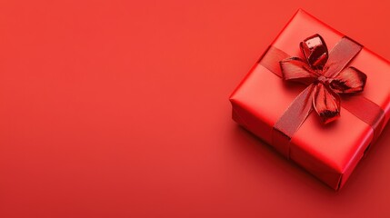 A single red gift box with a shiny red ribbon bow sits elegantly on a solid red background offe copy space for text or design elements.
