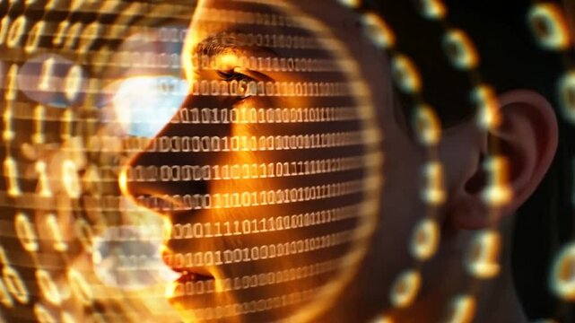 Mann mit digitalem Zahlencode im Gesicht