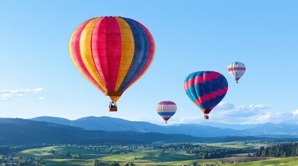 Obraz premium Colorful hot air balloons float gracefully over a picturesque valley landscape on a bright sunny day offe a breathtaking aerial view of nature.