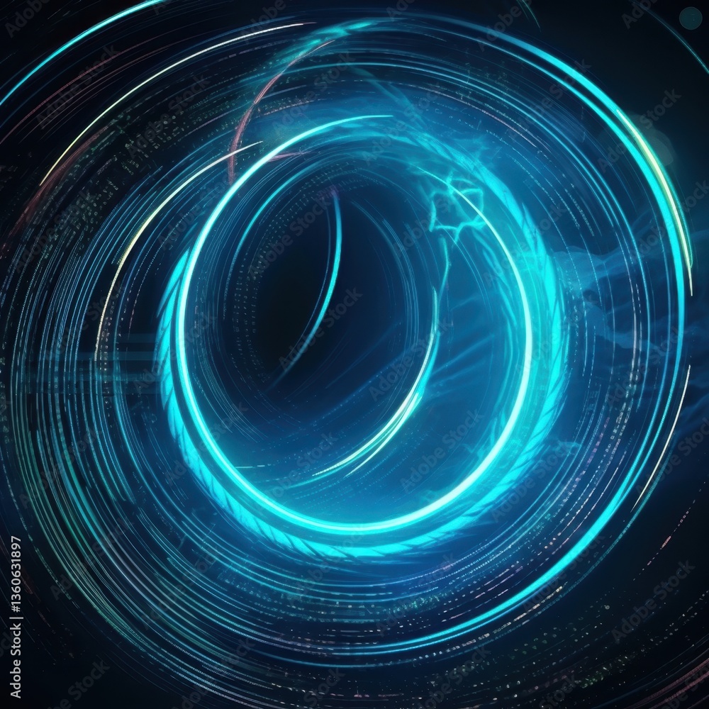 Poster abstract digital swirl: a mesmerizing composition of luminous blue light swirls, creating a sense of