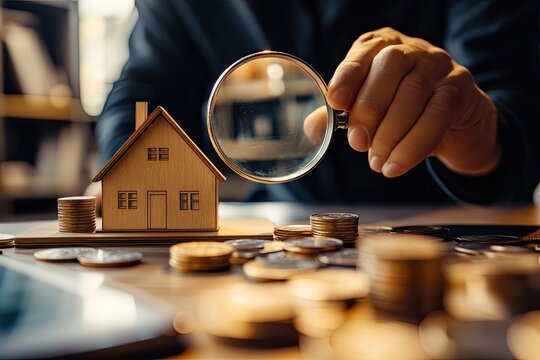 A woman examines home loan details with a magnifying glass, seeking minimal interest rates and affordable mortgage alternatives, emphasizing financial planning and investment concepts