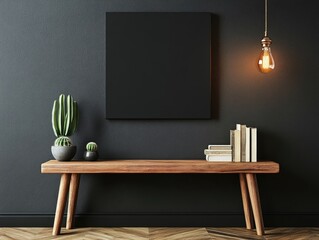 Modern minimalist entryway with wooden bench and black wall.  Empty canvas, plants, books, and Edison bulb lighting