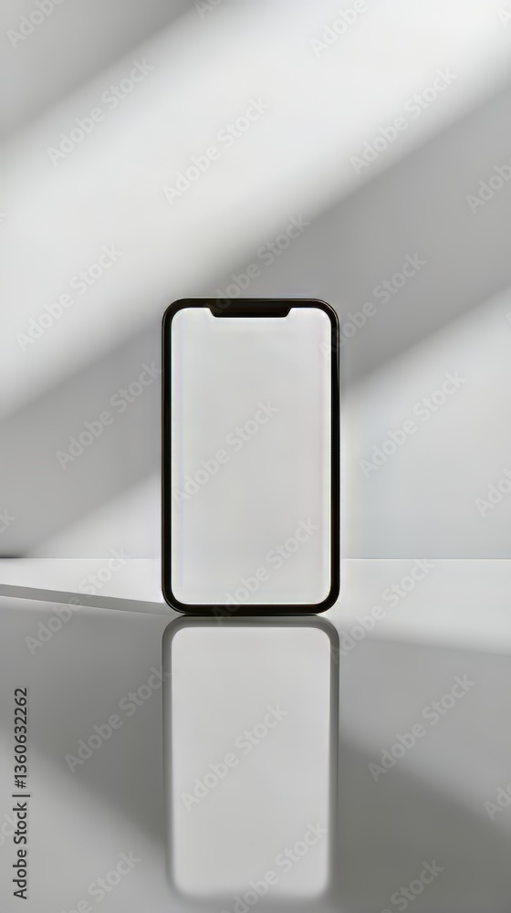 Poster sleek smartphone mockup with a minimalist aesthetic on a white surface reflecting soft window light.