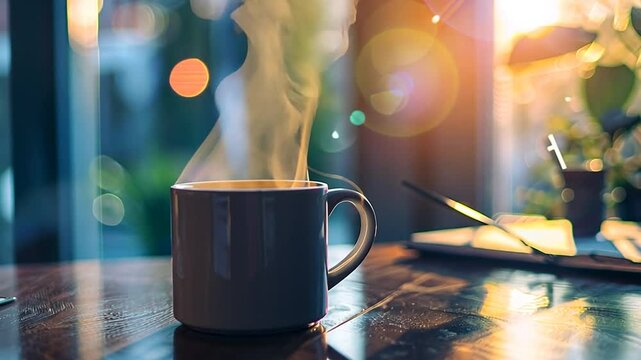 Dampfender Kaffeebecher auf einem Tisch bei Sonnenlicht