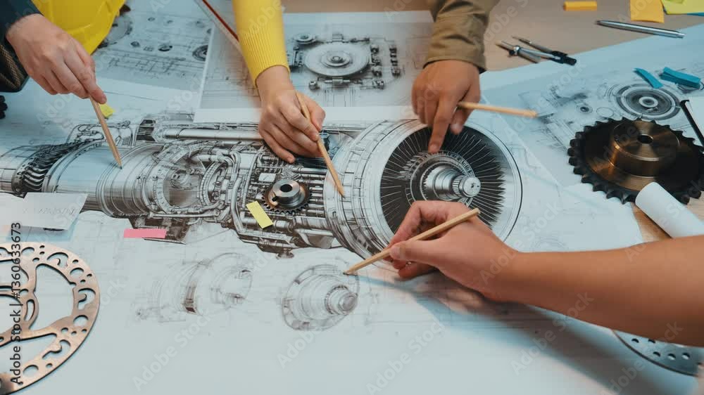 Aufkleber a dynamic teamwork scene showcasing professionals focused on engineering design, surrounded by detai