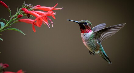 Fototapeta premium A beautiful hummingbird approaches a red flower in flight
