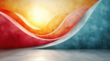 Vibrant abstract landscape with wavy colors and a bright sun.