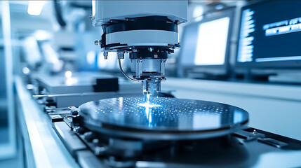 An advanced semiconductor wafer inspection system in a hightech cleanroom A sleek robotic arm delicately handling a silicon wafer while an intricate network of lase