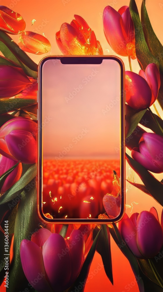 Poster phone surrounded by tulips with a tulip field on the screen, illuminated by a warm orange light.
