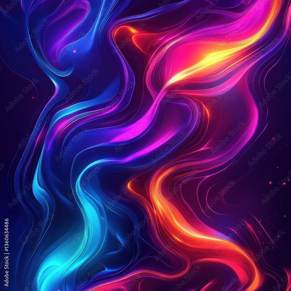 Poster vibrant fluid shapes flowing with intense colorful illumination effect