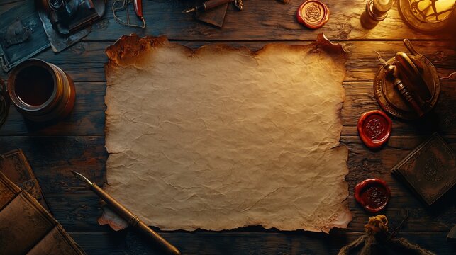 Vintage parchment paper mockup with wax seals and candlelight, top view on wooden desk with warm medieval ambiance, perfect for design or storytelling.