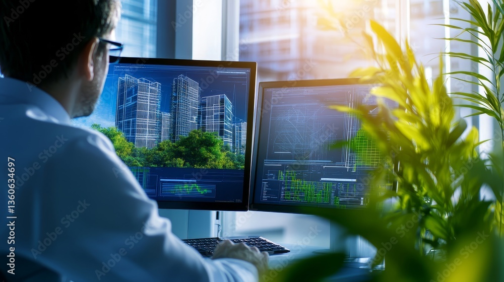 Poster business professional analyzing data on dual monitors with modern buildings in the background