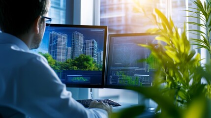 Business professional analyzing data on dual monitors with modern buildings in the background