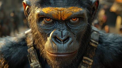A close up of a gorilla with orange eyes