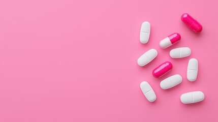 A scatte of pink and white pills rests on a solid pink background providing ample copy space for pharmaceutical or healthcare advertising designs.
