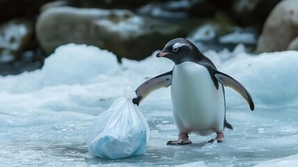 Obraz premium Penguin trapped in plastic bag. Human activities impact and threaten animal’s natural habitat.