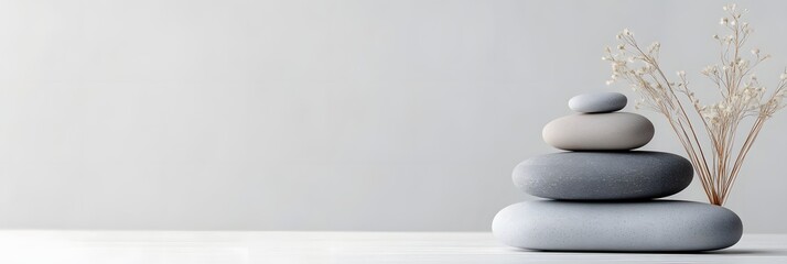 Balancing smooth stones with delicate dried flowers creates a serene and calming atmosphere in a minimalist decor setting