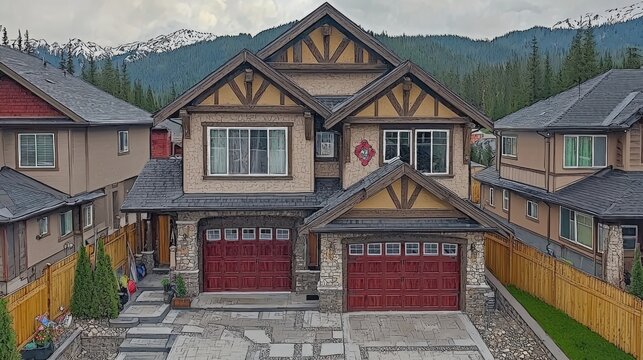 Exterior of a luxury suburban home with mountain backdrop, showcasing real estate and family home value