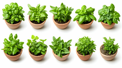 Potted basil plants, various growth stages, white background