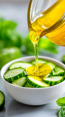 Pouring honey-lemon dressing on sliced cucumbers
