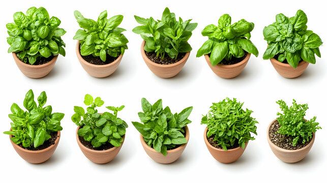 Potted basil plants, various growth stages, white background