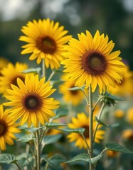 Obraz premium Vibrant yellow wild sunflowers in full bloom, blurred background, ecology, meadow, sunny