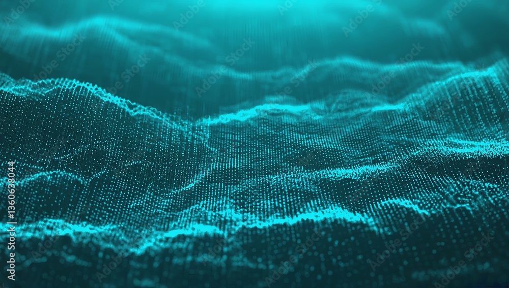 Poster abstract representation of flowing waves in vibrant teal color with depth and dimension