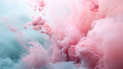A captivating image of rose pink ink slowly dispersing in water, forming elegant, feathery patterns that gently blend with hints of pale blue, creating a tranquil and ethereal scene.