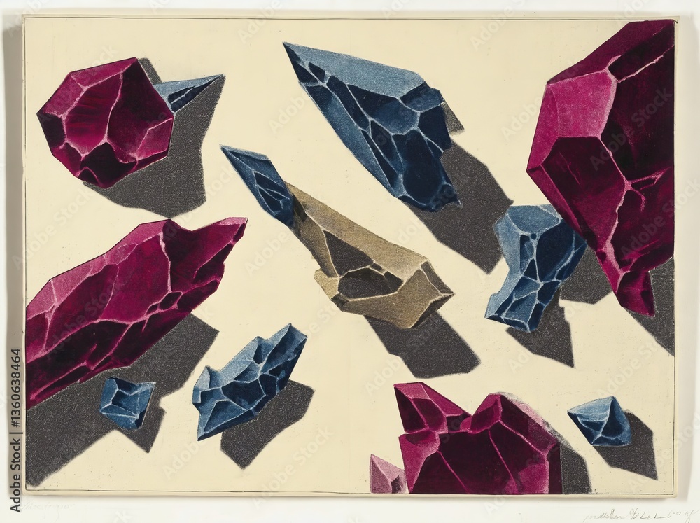 Poster abstract composition featuring colorful crystal formations in dynamic arrangement and vivid shadow p