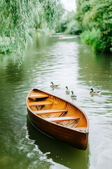 Fototapeta premium Wooden boat drifting on a calm river alongside ducks 