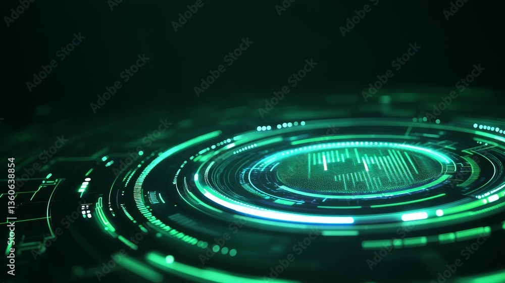 Poster futuristic digital interface showcasing glowing green circular patterns and data visualization