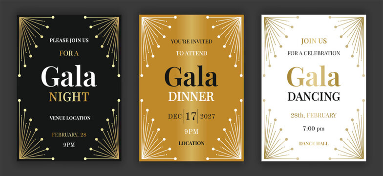 Geometry decorated black gold and white gala dinner, night, dancing invitation template set with golden text. Art deco style retro ornate pattern background. EPS 10 vector illustration.