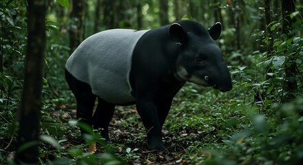 Fototapeta premium A Malaysian Tapir Stands Gracefully Amidst Lush Green Forest Vegetation