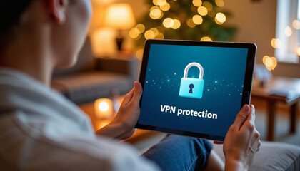 Person using tablet with VPN app in cozy living room, digital security