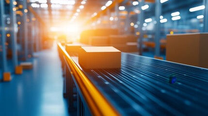 Packages on conveyor belt in a warehouse illuminated by sunset, showcasing efficient logistics