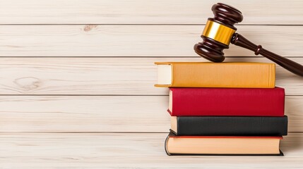 A judge's gavel rests on a stack of legal law books on a light wooden surface providing ample copy space for legal concepts and justice themes.