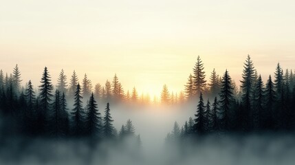 A breathtaking sunrise illuminates a misty evergreen forest valley creating a serene and peaceful atmosphere perfect for nature lovers and design projects needing a calming