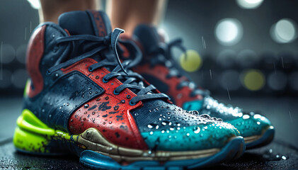 Worn-Out Running Shoes on a Runner&rsquo;s Feet in the Rain