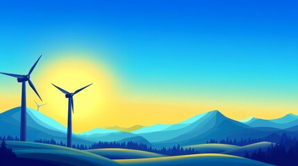 Obraz premium Scenic view of wind turbines against a vibrant sunset in a mountainous landscape