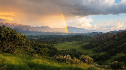 Obraz premium A double rainbow stretching across the horizon over a green valley.