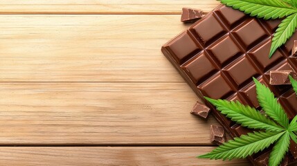 A delicious milk chocolate bar rests on a rustic wooden surface adorned with fresh green cannabis leaves and broken chocolate pieces.