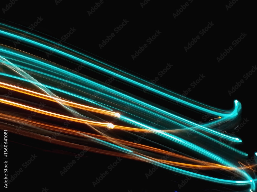 Poster light trails create an abstract composition with vibrant colors flowing against a dark background