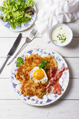 Potato Cakes. Vegetable fritters, latkes, hash browns. Vegetable pancakes with fried egg and bacon....