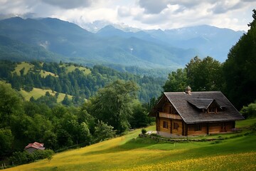 Obraz premium quaint mountain home shines with warm earthy charm 