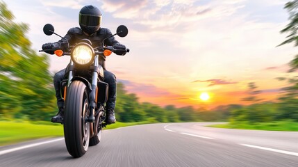 A motorcyclist rides a powerful motorcycle on a scenic road du a vibrant sunset, enjoying the freedom of the open road and the thrill of adventure.