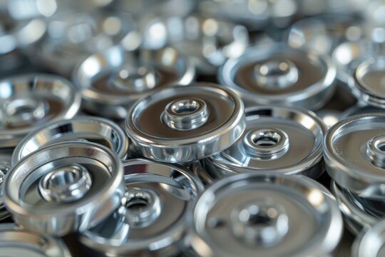 Close-up view of shiny metal weights piled together in a gym setting during the day