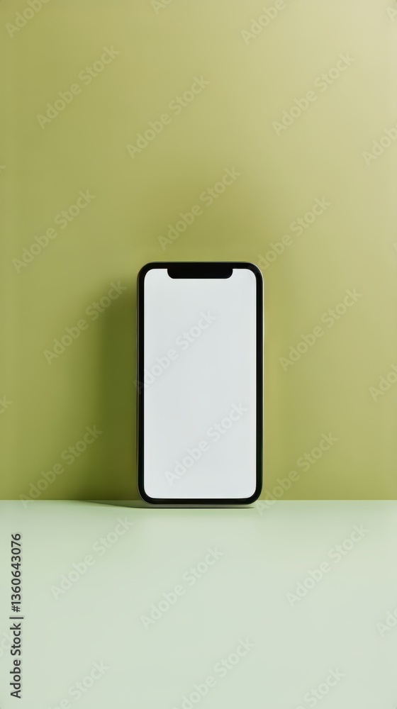 Poster modern phone mock-up on a light green table against a green wall. mobile display for app presentatio