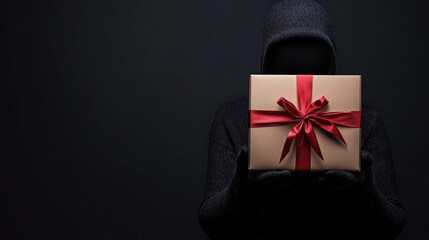 Mysterious figure holding a gift box in the dark - package, scammers, deception  