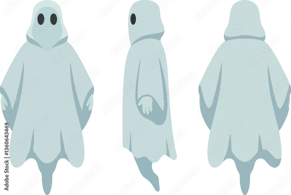 Poster ghost character with a playful expression shown in three different angles, flat design style, whimsi